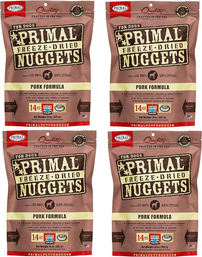 Primal Freeze Dried Raw Dog Food Nuggets, Pork, Complete & Balanced Meal, Also Use as Topper or Treat, Premium, Healthy, Grain Free, High Protein Raw Dog Food, 14 oz (Pack of 4)