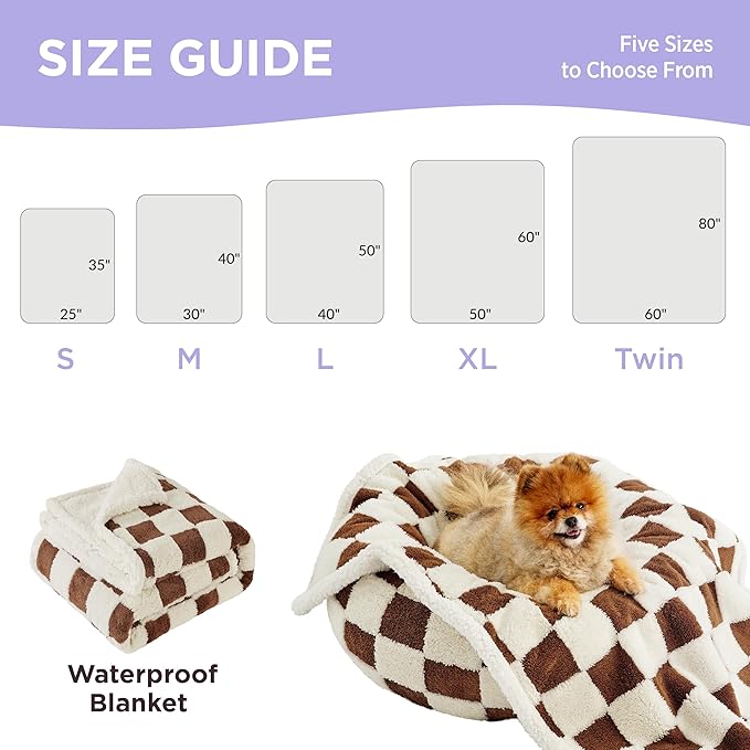 Lesure Waterproof Dog Blanket for Large Dogs - Washable Double Sided Dog Blankets with Warm Jacquard Shag and Soft Sherpa Fleece, Pet Cat Blanket for Couch Protection, 3D Textured Checks, Brown