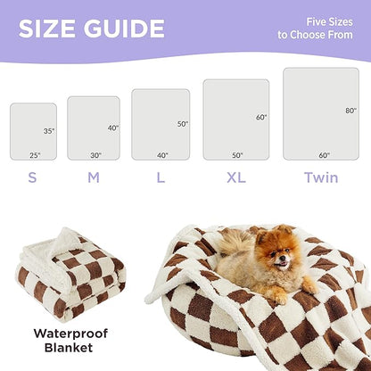 Lesure Waterproof Dog Blanket for Large Dogs - Washable Double Sided Dog Blankets with Warm Jacquard Shag and Soft Sherpa Fleece, Pet Cat Blanket for Bed Protection, 3D Textured Checks, Brown