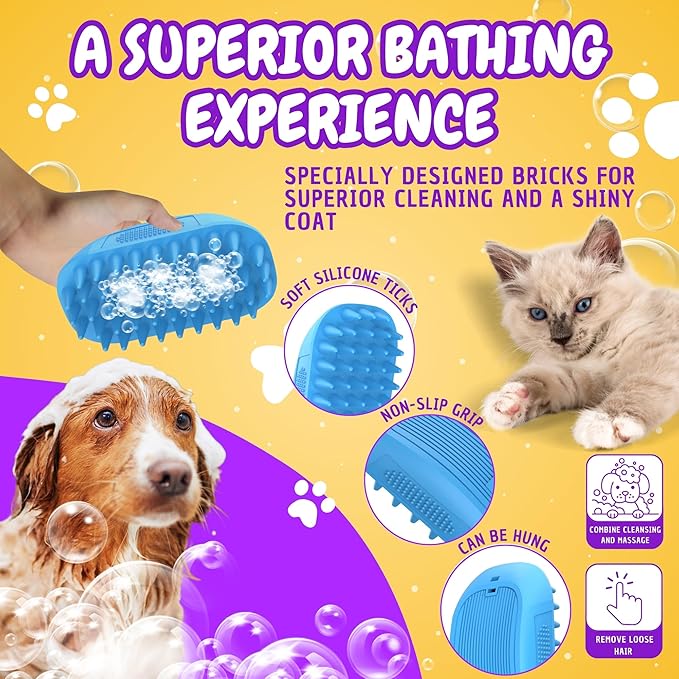 Dog Bath Brush | Dog Scrubber for Bath | Dog Washing Brush | Dog shampoo brush with adjustable handle, Suitable for Pets Deshedding, Washing, Massaging & Grooming | Pack of two.