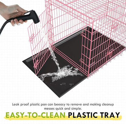 PayLessHere Large Dog Crate Kennel for Medium Large Dogs Metal Dog Cage Double-Door Folding Travel Indoor Outdoor Puppy Playpen with Divider and Handle Plastic Tray (42 Inch, Pink)