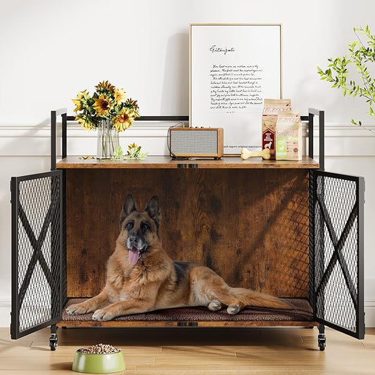 31 Inch Dog Crate Furniture, Heavy Duty Decorative Dog Cage with Lockable 360° Wheels, Double Door Dog Kennel End Table for for Small Medium Large Dog, Rustic Brown
