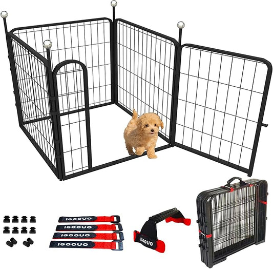 Puppy Playpen, IGOOUO 24'' Portable Dog Playpen with Easy-Carry Straps,4 Panels Dog Pen Play Pen for Small Dogs,Rustproof Pet Playpen for Camping RV Yard(with One Door)