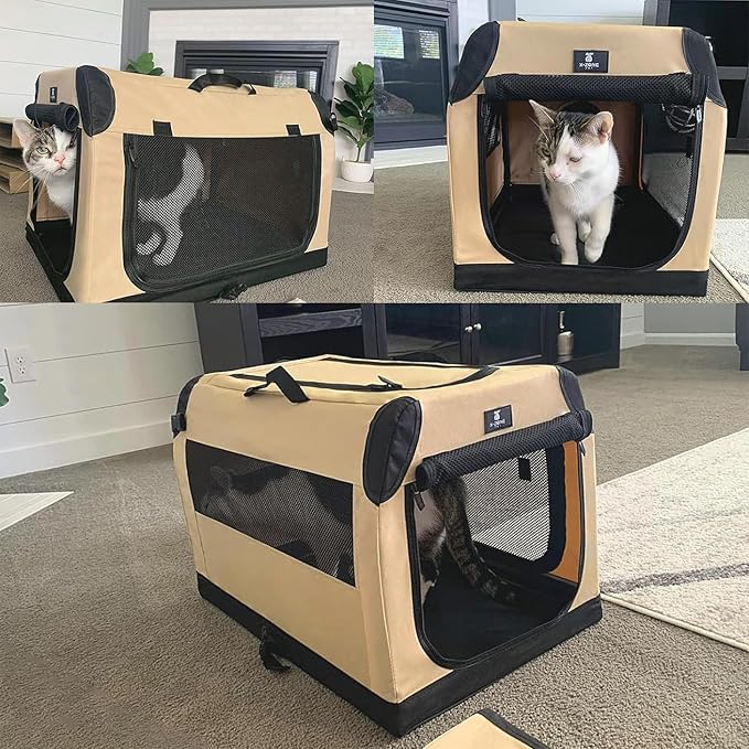 X-ZONE PET Dog Crate Travel Cage for Medium Dogs Portable Collapsible Cat Kennel with 3-Door Durable and Easy Clear Indoor & Outdoor Pet Home 32 '' Beige