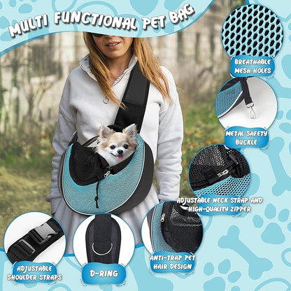 WOYYHO Dog Sling Carrier - Adjustable Strap,Hard Bottom,Large Zip Pocket,Breathable Mesh - Suitable for Puppies Outdoor Travel (Cyan S)