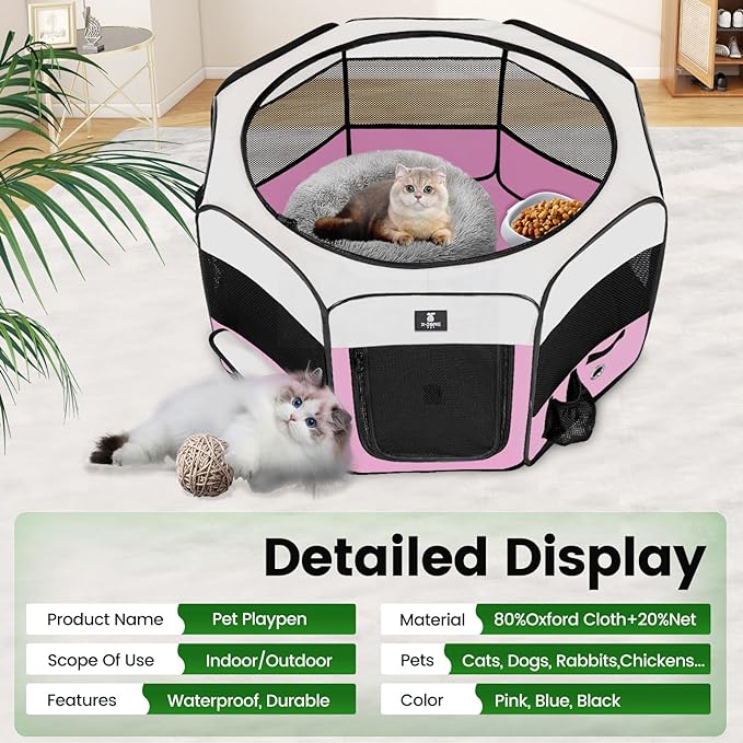 X-ZONE PET Dog Playpen Portable Pet Play Pens for Puppies, Cat, Rabbit, Chicks, Foldable Exercise Play Tent Kennel Crate, Indoor/Outdoor Travel Camping Pink Large