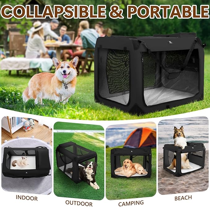 X-ZONE PET Dog Crate 3-Door Kennel, Collapsible Portable Soft Sided Pet Carriers for Indoor & Outdoor, Multiple (24-Inch, Carbon Black)