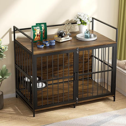 LOVMOR Dog Cage Furniture with Rotating Feeder Bowls, Dog Kennel Indoor with Cushion, Dog Crates for Large Dogs, 48" L X 30" W 43" H, Rustic Brown