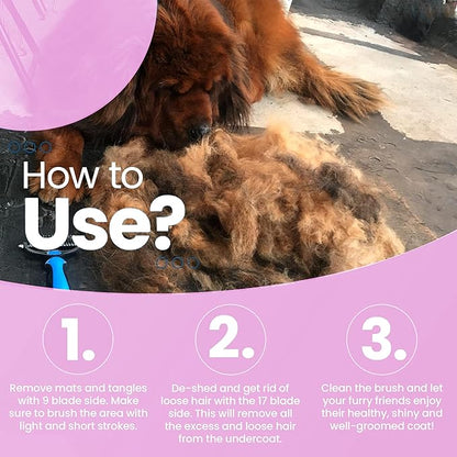 Pet Grooming Brush - Shedding Comb & Dematting Tool for Dogs & Cats, Extra Wide Undercoat Rake, Pink