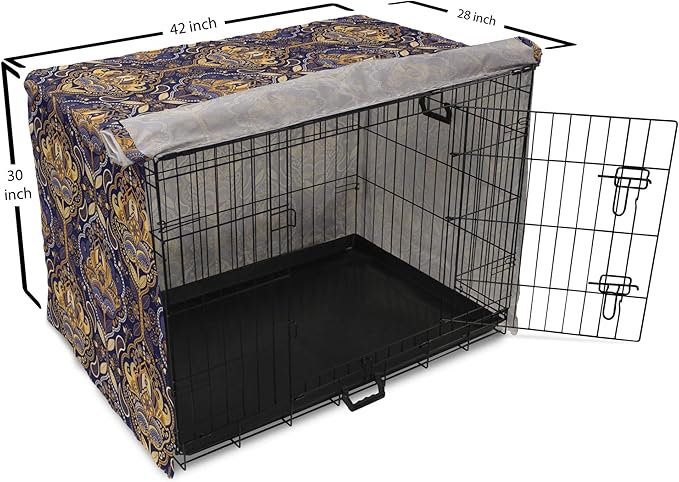 Ambesonne East Dog Crate Cover, Oriental Antique Pattern Foliage Inspirations Geometrical Design, Easy to Use Pet Kennel Cover for Medium Large Dogs, 42 Inch, Purple Yellow