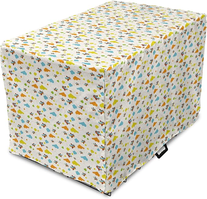 Lunarable Cartoon Dog Crate Cover, Flying Airplanes with a Style Fun Clouds in Colorful Design Artwork Print, Easy to Use Pet Kennel Cover for Medium Large Dogs, 36 Inch, Dark Orange and Blue
