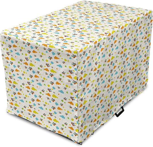 Lunarable Cartoon Dog Crate Cover, Flying Airplanes with a Style Fun Clouds in Colorful Design Artwork Print, Easy to Use Pet Kennel Cover for Medium Large Dogs, 36 Inch, Dark Orange and Blue