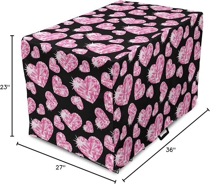 Ambesonne Diamonds Dog Crate Cover, Romantic Pink Heart Stones on Black Background Valentines Day Theme, Easy to Use Pet Kennel Cover for Medium Large Dogs, 36 Inch, Pink Black