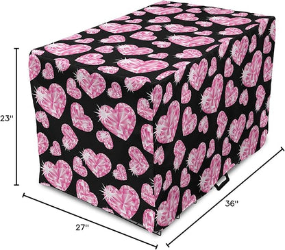 Ambesonne Diamonds Dog Crate Cover, Romantic Pink Heart Stones on Black Background Valentines Day Theme, Easy to Use Pet Kennel Cover for Medium Large Dogs, 36 Inch, Pink Black