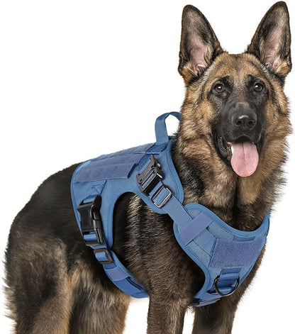 rabbitgoo Tactical Dog Harness for Large Dogs, Heavy Duty Dog Harness with Handle, No-Pull Service Dog Vest Large Breed, Adjustable Military Dog Vest Harness for Training Hunting Walking, Blue, L