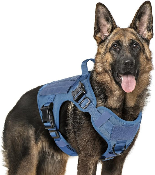 rabbitgoo Tactical Dog Harness for Large Dogs, Heavy Duty Dog Harness with Handle, No-Pull Service Dog Vest Large Breed, Adjustable Military Dog Vest Harness for Training Hunting Walking, Blue, L