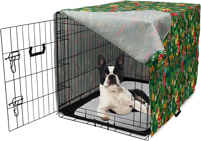 Ambesonne Christmas Dog Crate Cover, Xmas Accessories Stockings Candies Horse Teddy Bear on Pine, Easy to Use Pet Kennel Cover for Small Dogs Puppies Kittens, 18 Inch, Green Brown