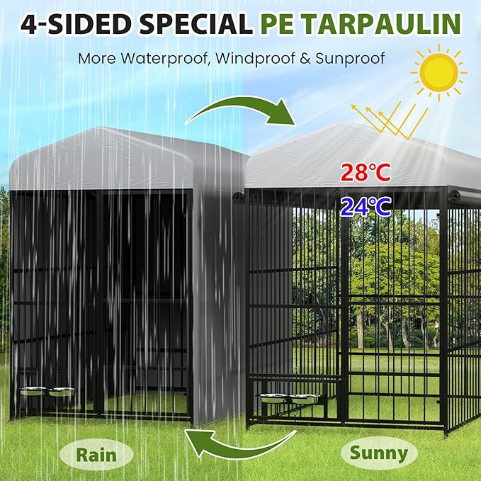 Rovibek Outdoor Dog Kennel, Outside Dog Kennel with Roof, Dog Kennels Outside, Heavy Duty Dog Enclosure with 2 Rotating Bowls, Large Dog Kennels Outdoor