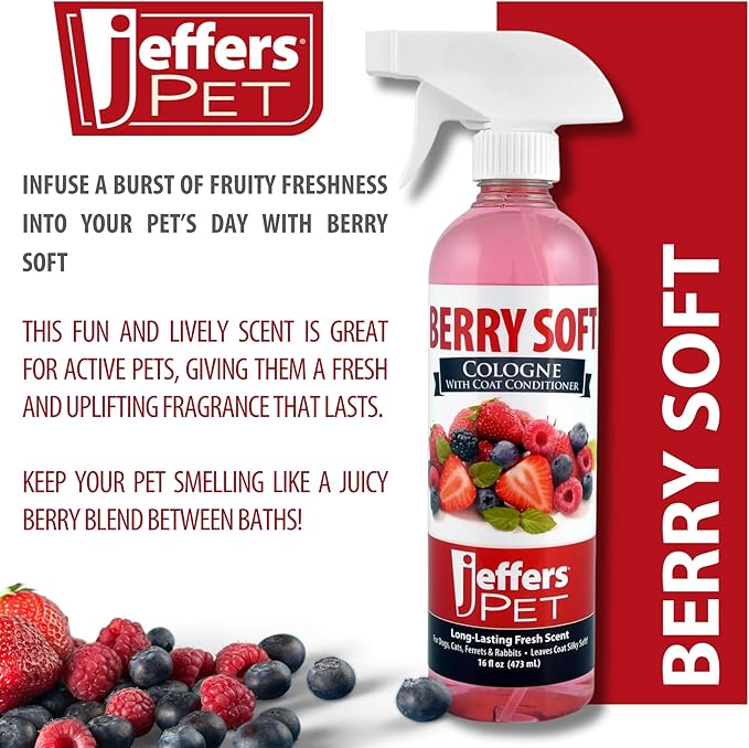 Jeffers Pet Cologne for Dogs, Cats, Rabbits & Ferrets, Berry Soft 16oz – Soap-Free, Conditioner for Silky Coats, Safe & Fresh Fragrance, Deodorizing Spray for Pets, Grooming Essentials