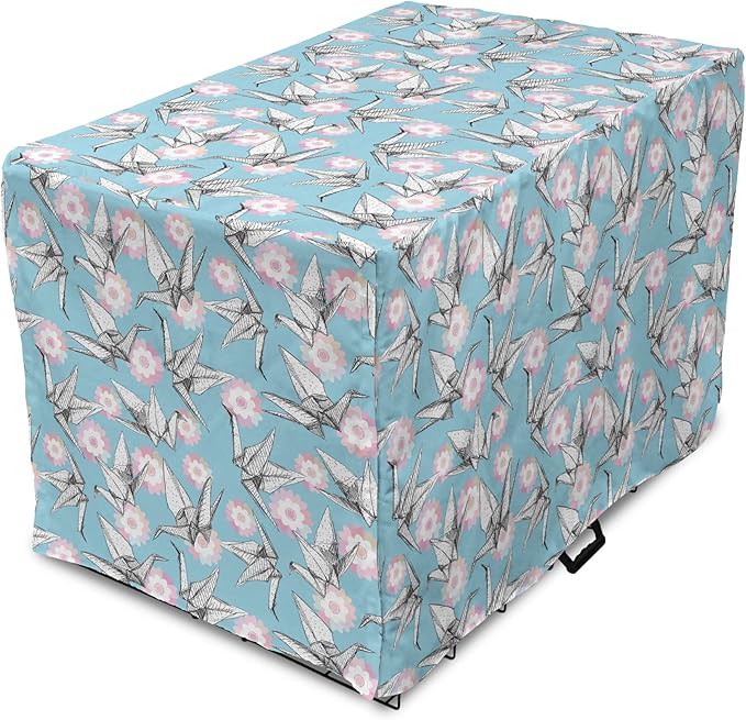 Lunarable Origami Dog Crate Cover, Japanese Tradition Paper Cranes and Cherry Blossom Petals Spring, Easy to Use Pet Kennel Cover for Cats & Medium Dogs, 30 Inch, Pale Pink Pale Blue White