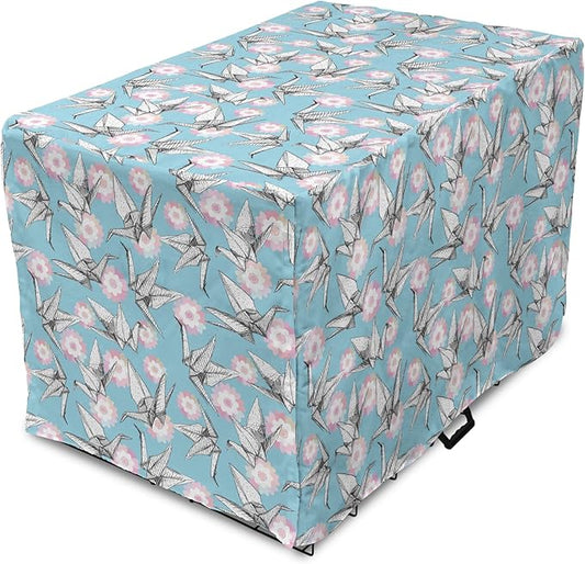 Lunarable Origami Dog Crate Cover, Japanese Tradition Paper Cranes and Cherry Blossom Petals Spring, Easy to Use Pet Kennel Cover for Cats & Medium Dogs, 30 Inch, Pale Pink Pale Blue White