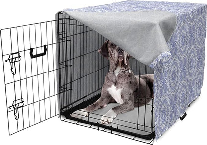 Lunarable Mandala Dog Crate Cover, Ceremonial Retro Minimal Far Eastern Pattern, Easy to Use Pet Kennel Cover for Medium Large Dogs, 48 Inch, Lavender Blue and White