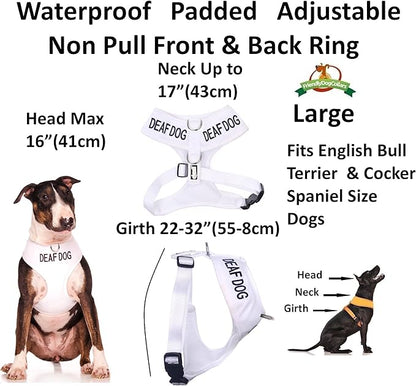 Deaf Dog (Dog Has Limited/No Hearing) White Colour Coded Non-Pull Front and Back D Ring Padded and Waterproof Vest Dog Harness Prevents Accidents by Warning Others of Your Dog in Advance (L)