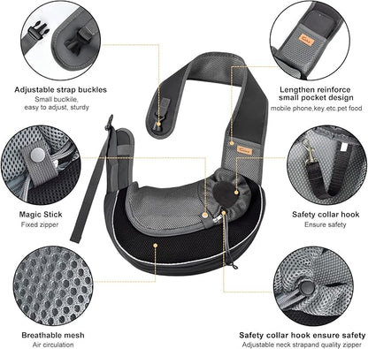 Cuby Pet Sling Carrier for Small Dogs Cats,Drawstring & Zipper & Special Security Hook Triple Designs for Pets' Securty,Breathable Mesh Travel pet Dog Sling Carrier with Adjustable Strap (L, Black)
