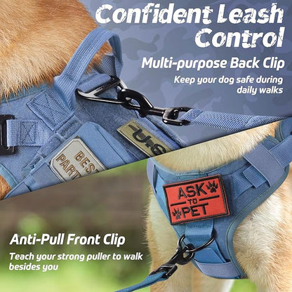 rabbitgoo Tactical Dog Harness for Large Dogs, Heavy Duty Dog Harness with Handle, No-Pull Service Dog Vest Large Breed, Adjustable Military Dog Vest Harness for Training Hunting Walking, Blue, L