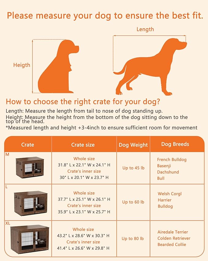 Piskyet Wooden Dog Crate Furniture with 360°Rotatable Removable Dog Bowls, Dog Crate End Table with Tray, Double Doors Dog Kennels for Dogs(L:37.7" L*25.1" W*26.1" H, Rustic Brown)