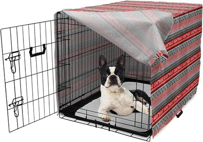 Lunarable Aztec Dog Crate Cover, Bird Motifs Abstract Indigenous Style Squares Latin American Inspired, Easy to Use Pet Kennel Cover for Small Dogs Puppies Kittens, 22 Inch, Red Black White