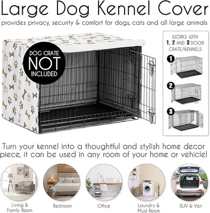 Sweet Jojo Designs 48in. Large Dog Crate Cover (Bones and Paw Prints) Pet Cage, Kennel Covers (Modern, Cartoon, Doggy, Puppy, Neutral, Paws Print, Whimsical, Brown, Tan, Grey, Taupe and Off White)