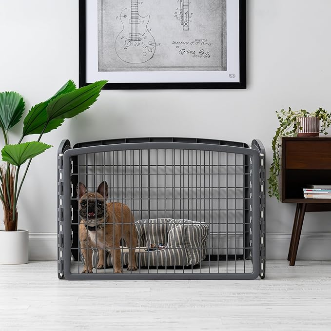 IRIS USA Dog Playpen, 4-Panel 24" Pet Playpen, Puppy Playpen, Indoor/Outdoor Dog Pen, 35 x 35 x 24, Foldable, Customizable, Dark Gray