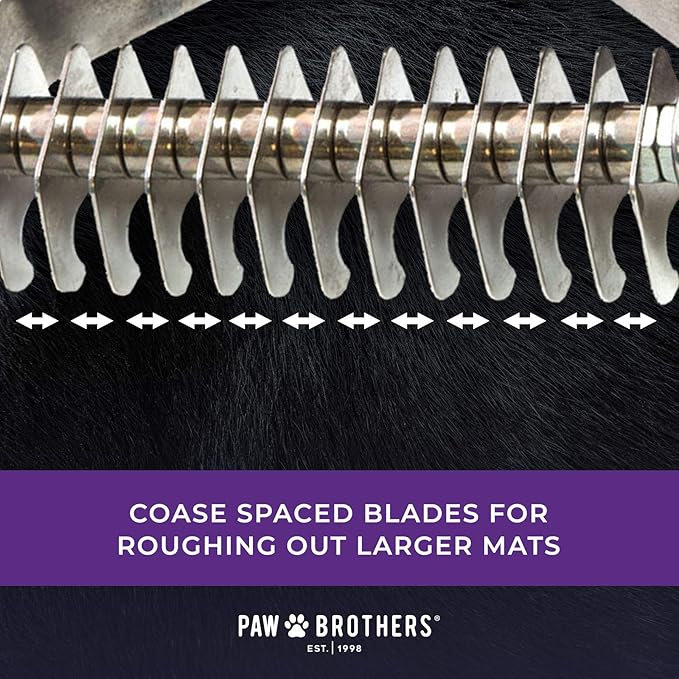 RYAN'S PET SUPPLIES Paw Brothers 13-Blade Coarse Double Wide Dematting Undercoat Rake for Dogs and Cats, Professional Grade, Dog Shedding Brush, Stainless Steel Blades, Rounded Gentle Teeth