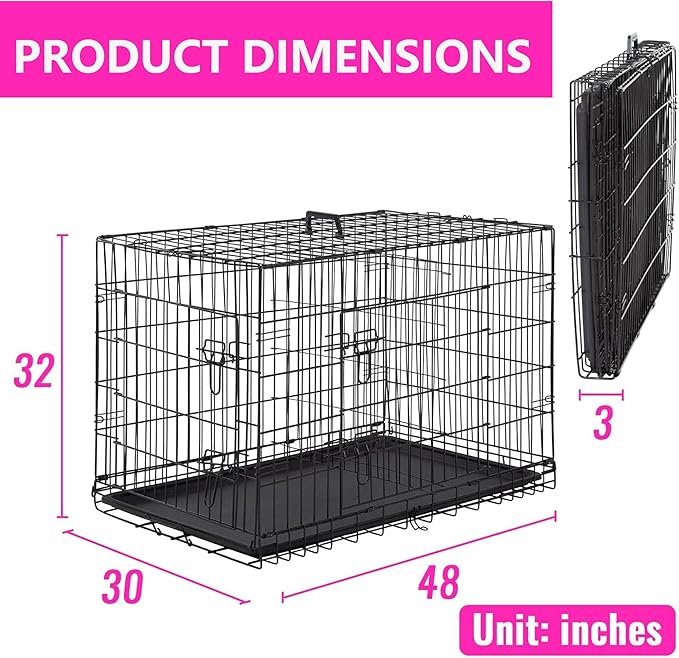 FDW 48 Inch Dog Crate Dog Kennel Cage with Double Door Folding Metal Wire Dog Cage with Removable Tray&Divider Panel for Large Dogs,Black