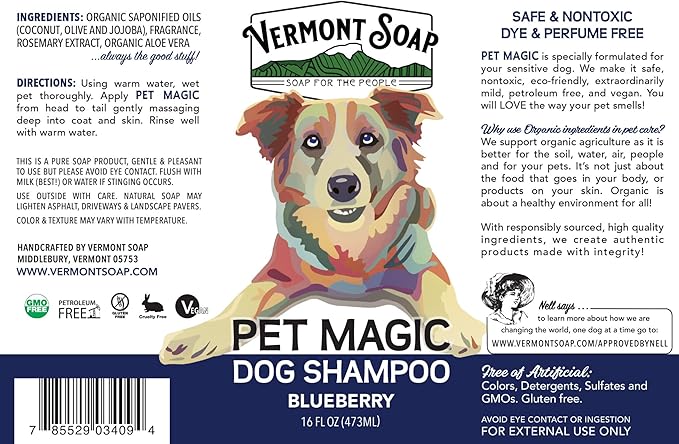 VERMONT SOAP Organics Pet Shampoo - Infused with Organic & Natural Olive Oil, Coconut & Aloe Vera Dog Shampoo for Sensitive Skin - USDA Certified Grooming Pet Shampoo (16oz)
