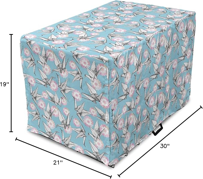 Lunarable Origami Dog Crate Cover, Japanese Tradition Paper Cranes and Cherry Blossom Petals Spring, Easy to Use Pet Kennel Cover for Cats & Medium Dogs, 30 Inch, Pale Pink Pale Blue White