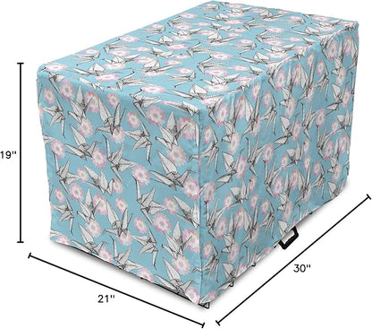 Lunarable Origami Dog Crate Cover, Japanese Tradition Paper Cranes and Cherry Blossom Petals Spring, Easy to Use Pet Kennel Cover for Cats & Medium Dogs, 30 Inch, Pale Pink Pale Blue White