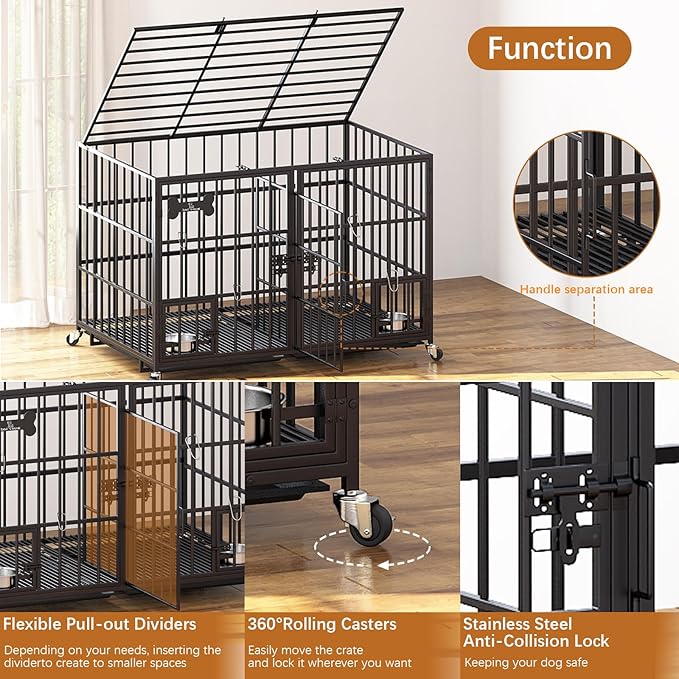 Dosker 48/42 inch XL Dog Crate for Large Dog/Double Medium Dogs,Heavy Duty Metal Dog Cages,All Metal Open Top Stackable,Dog Kennel Indoor with Wheels,Floor Grid, Tray, Divider and Feeding Bowl