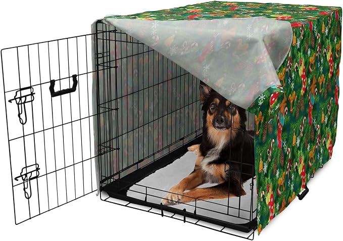 Ambesonne Christmas Dog Crate Cover, Xmas Accessories Stockings Candies Horse Teddy Bear on Pine, Easy to Use Pet Kennel Cover for Medium Large Dogs, 36 Inch, Green Brown