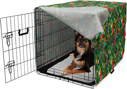 Ambesonne Christmas Dog Crate Cover, Xmas Accessories Stockings Candies Horse Teddy Bear on Pine, Easy to Use Pet Kennel Cover for Medium Large Dogs, 36 Inch, Green Brown