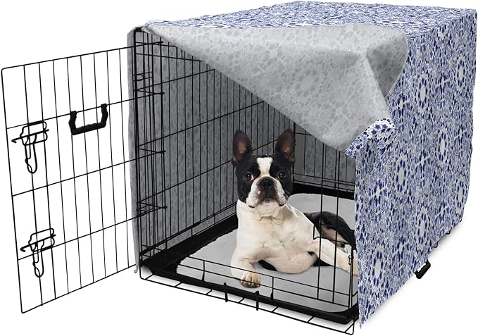 Lunarable Traditional Dog Crate Cover, Circular Flowers and Stripes Ethnic Gzhel Pattern Classic Motifs Art, Easy to Use Pet Kennel Cover for Small Dogs Puppies Kittens, 22 Inch, Pale Blue