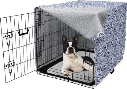 Lunarable Traditional Dog Crate Cover, Circular Flowers and Stripes Ethnic Gzhel Pattern Classic Motifs Art, Easy to Use Pet Kennel Cover for Small Dogs Puppies Kittens, 22 Inch, Pale Blue