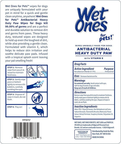 Wet Ones for Pets Antibacterial Heavy Duty Paw Wipes, 50ct, Tropical Splash Scent | Thick Dog Cleaning Wipes, Durable Disposable Dog Wipes for Paws, Scented Dog Wipes