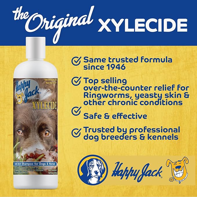 Happy Jack Xylecide, Itch Relief Shampoo for Dogs, Control Ringworms, Itchy Skin Treatment for Hot Spots, Seborrheic Dermatitis, Dandruff, Psoriasis, Eczema, Kennel Itch (12 oz)