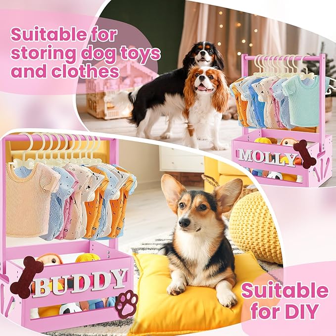 20" x 13" x 9" Wooden Pet Wardrobe Closet Crate Box with Hanging Rods and Personalized Pet Alphabet Letters Easy Assembly Baskets for Dog Cat Toys Clothes Accessories(Pink)