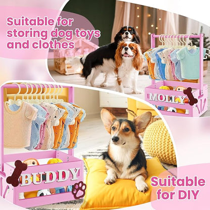 20" x 13" x 9" Wooden Pet Wardrobe Closet Crate Box with Hanging Rods and Personalized Pet Alphabet Letters Easy Assembly Baskets for Dog Cat Toys Clothes Accessories(Pink)