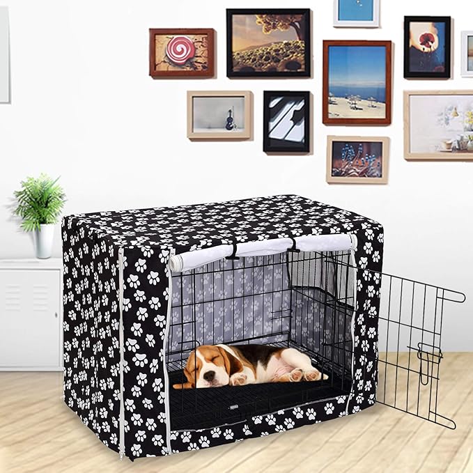 Dog Crate Cover Kennel Dogs Covers fits Small Medium Large crates cage Heavy Nylon Waterproof soundproof Indoor Outdoor - Cover only - Black paw - 36 inch
