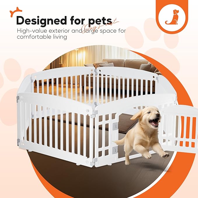HealSmart 6 Panel 24" Plastic Dog Playpen, Folding & Portable Pet Playpen for Indoor & Outdoor Use, Safe & Secure Fence, Ideal for Small to Medium Dogs, White