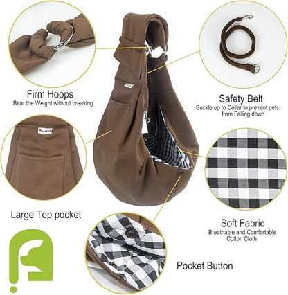 Pet Sling Carrier Adjustable Shoulder Strap Puppy Tote Hands Free Reversible Pet Backpack for Outdoor Travel Classci Brown